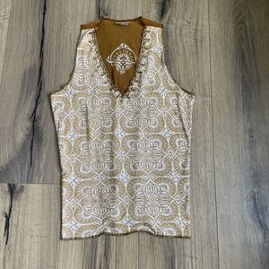 Kavita Bhartia Mixed Print Tank Top Size Medium Fitted V Neck Brown Rhinestones